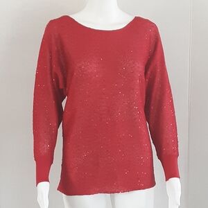 Alfani Red Metallic Dolman-Sleeve Sequined Sweater Sz S